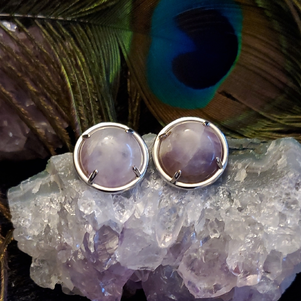 Genuine AMETHYST prong Set Silver Tone Large Stud Pierced Earrings